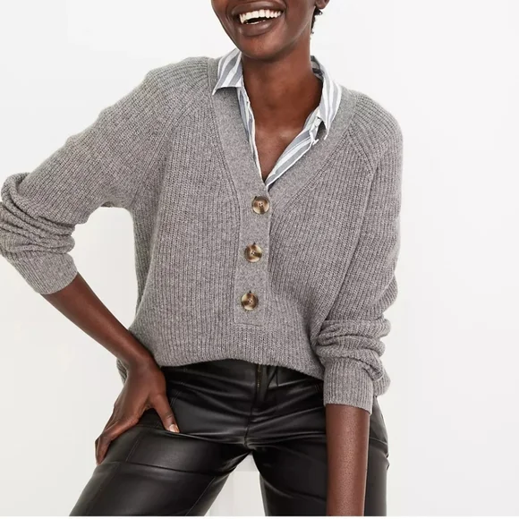 Madewell Ribbed Lyle Henley Heather Grey Sweater - Picture 1 of 8